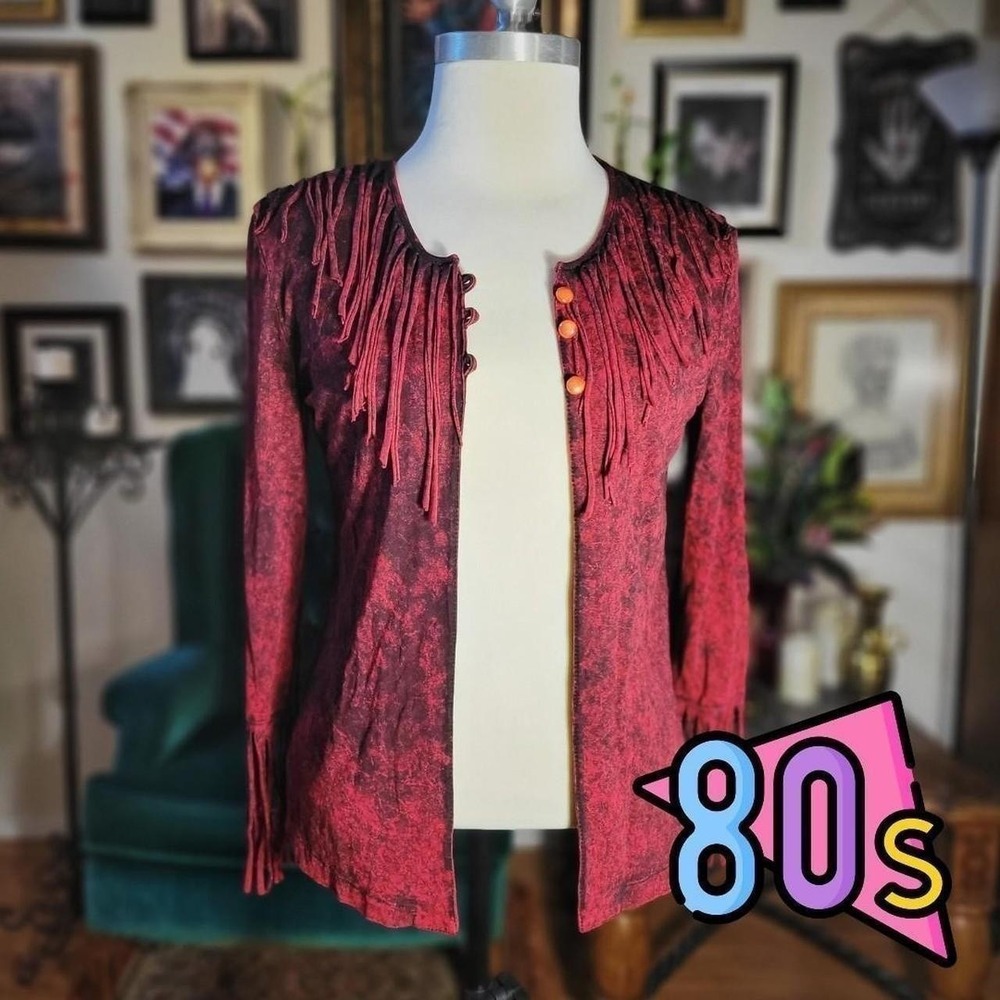 Sami Fringe‎ Cardigan Sweater Vintage 80s Red Acid Wash Boho Soft Turkey S/M